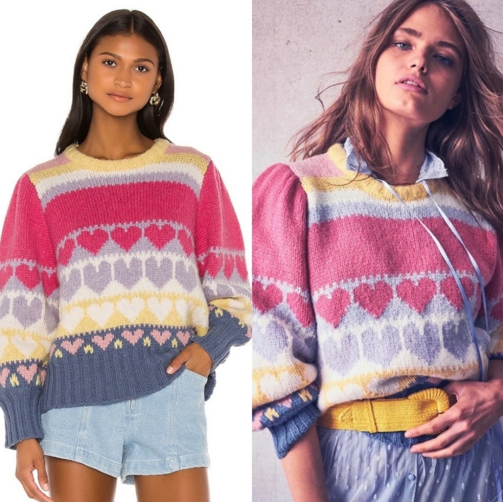 LoveShackFancy Shirelle Pullover Pink Icing Heart Printed Sweater